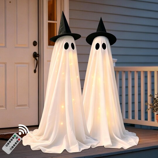 Greentek; 2 Pack Halloween Ghost Decorations Outdoor with Remote Lights, Battery Operated Light Up Ghost Yard Decorations with Adjustable Tripod Stands, Witch Hats and Stakes for Front Porch Lawn Party Decor; Category:Outdoor Halloween Decorations; Image:1